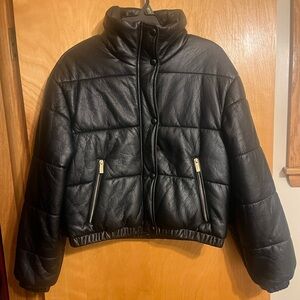 New Guess Faux Leather Puffer Jacket Black Quilted medium